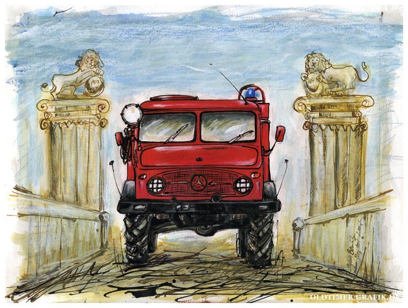 Mercedes-Benz Unimog 404 TLF 8 LSHD Feuerwehr Hamburg vor dem Schloss Neukirchen im Münsterland, Illustration von Sylvia Steinhoff geb. Benub