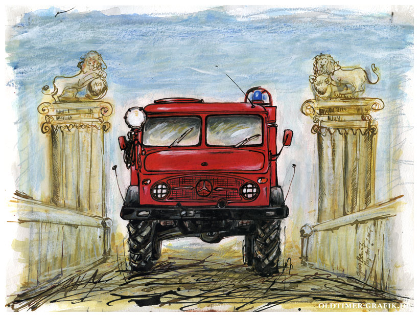 Mercedes-Benz Unimog 404 TLF 8 LSHD Feuerwehr Hamburg vor dem Schloss Neukirchen im Münsterland, Illustration von Sylvia Steinhoff geb. Benub