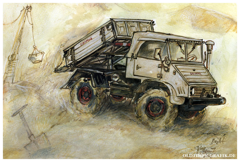 Mercedes-Benz Unimog 411 Muldenkipper in der Kiesgrube, Illustration von Sylvia Steinhoff geb. Benub