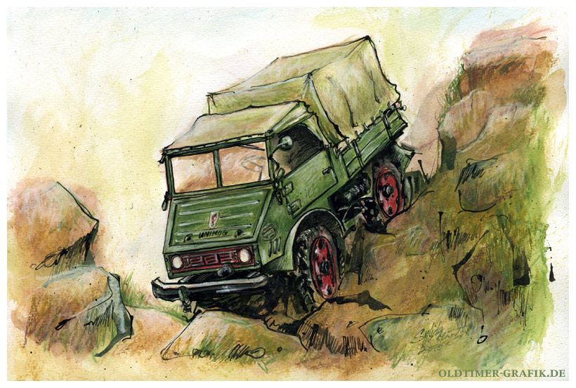 Boehringer Unimog beim Felsenklettern, Illustration von Sylvia Steinhoff geb. Benub