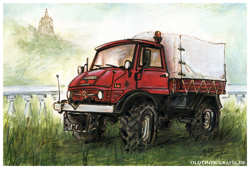 Mercedes-Benz Unimog vor dem Bergpark Kassel Wilhelmshöhe, Illustration von Sylvia Steinhoff geb. Benub