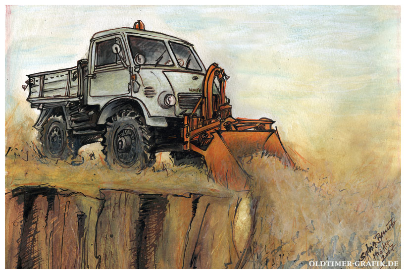 Mercedes-Benz Unimog Frosch mit Baggervorbau, Illustration von Sylvia Steinhoff geb. Benub