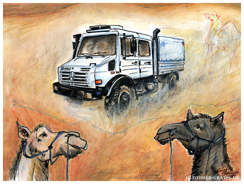 Mercedes-Benz Unimog 1300 in der Sahara, Illustration von Sylvia Steinhoff geb. Benub