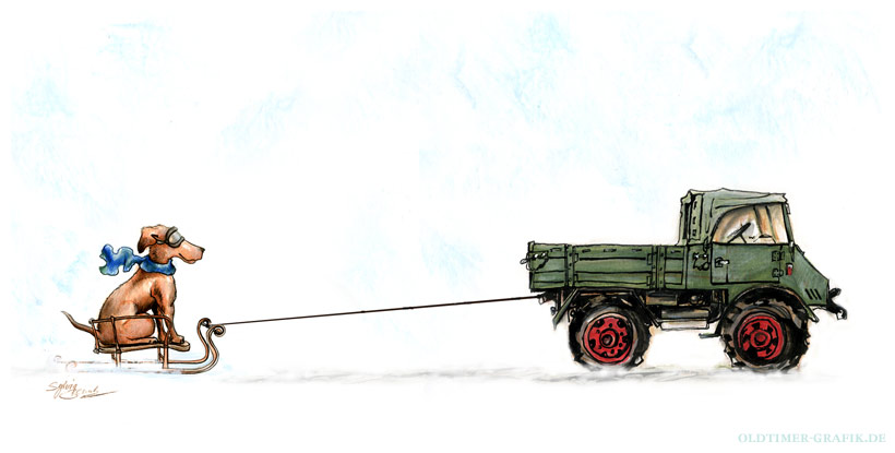 Mercedes-Benz Unimog 411 mit Hund als Weihnachtsgruß, Illustration von Sylvia Steinhoff geb. Benub