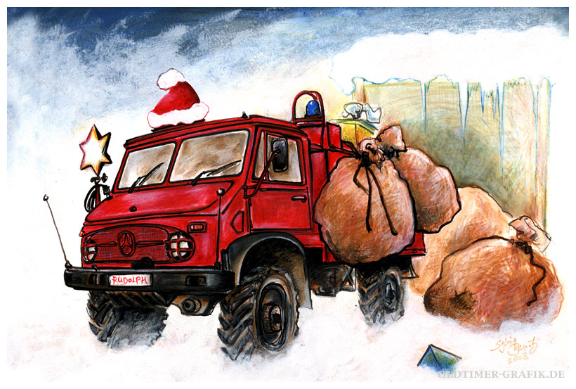 Santa Claus: Mercedes-Benz Unimog 404 TLF 8 in weihnachtlicher Gewandung, Illustration von Sylvia Steinhoff geb. Benub